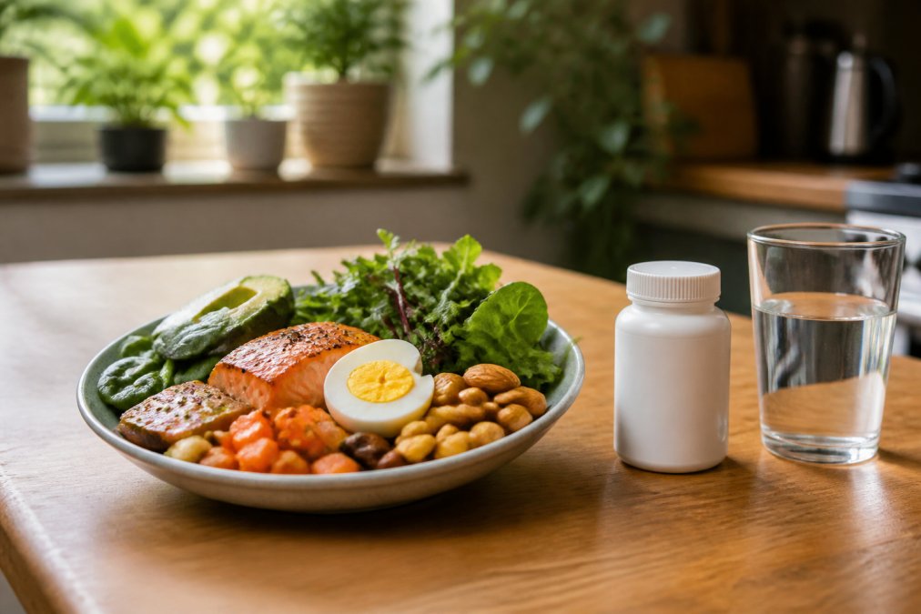 A wooden kitchen table with a colourful plate of whole foods, salmon, leafy greens, eggs, nuts, beside a small white supplement bottle and a glass of water, shot in natural daylight