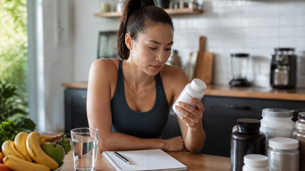 A person in a bright, modern kitchen holding a zinc supplement bottle and reading the label, with a notebook and pen nearby for notes