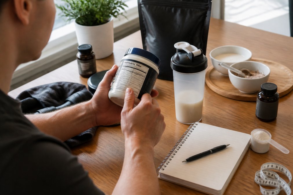 Close-up of hands holding a supplement bottle and examining the label carefully with natural light illuminating the ingredient list and nutritional information