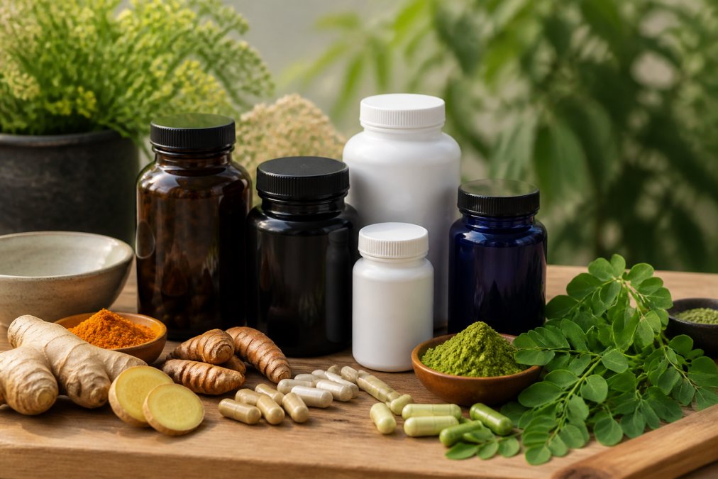Assorted premium supplement bottles and capsules arranged on a natural wooden surface with fresh herbs, ginger root, turmeric, and moringa leaves nearby in natural daylight
