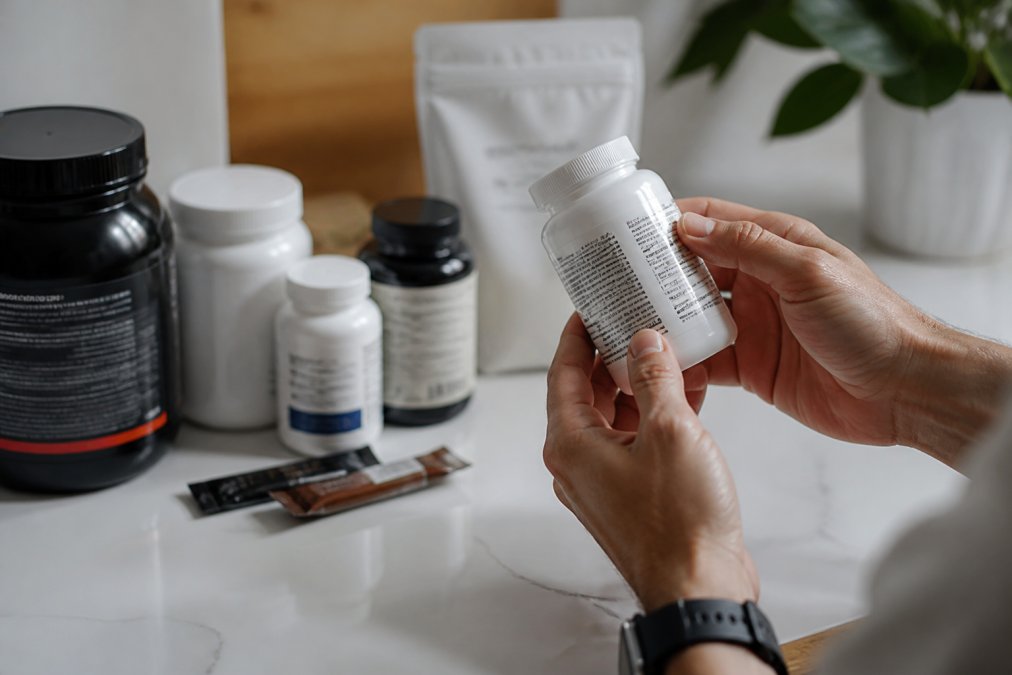Close-up of a person's hands holding a supplement bottle while carefully reading the ingredient label, with several other supplement bottles arranged on a white countertop in soft natural light