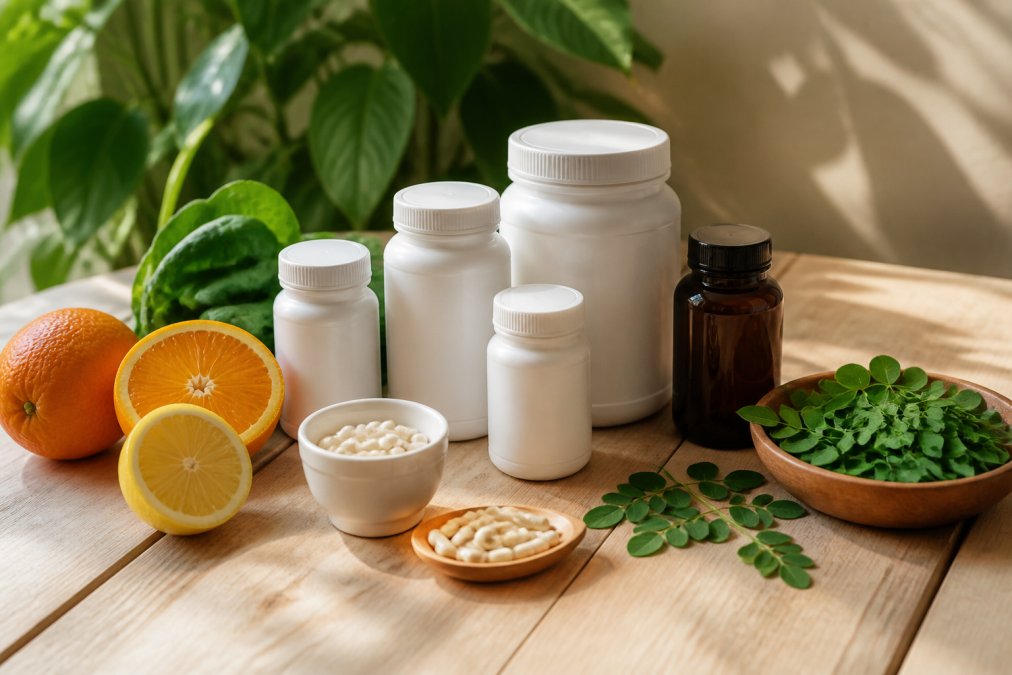 Flat lay of clean, minimalist supplement capsule bottles arranged on a light wooden surface alongside fresh whole foods like leafy greens, citrus slices, and moringa leaves in warm natural light