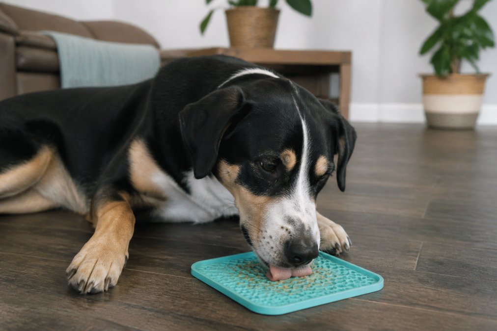 Relaxed dog lying on a hardwood floor licking peanut butter from a suction enrichment mat