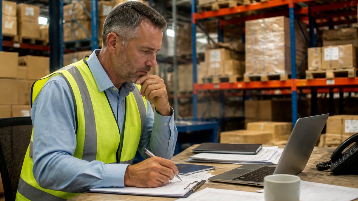 Operations manager reviewing supply chain cost metrics and KPI dashboard on computer screen in warehouse office, with inventory shelves visible in background