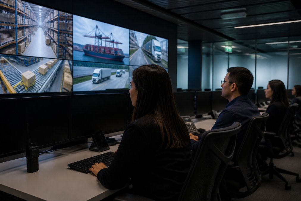 Security team monitoring real-time threat alerts on large display screens in a modern security operations center, multiple analysts reviewing dashboard data with focused attention
