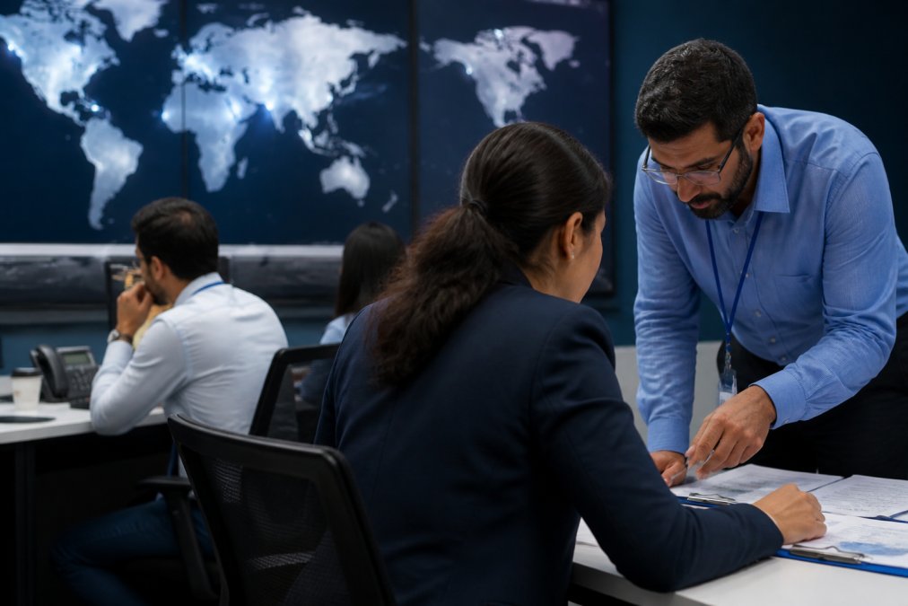 Security operations team monitoring real-time attack surface alerts on large displays, analysts reviewing threat data and vendor connections in a modern SOC environment with blue-lit screens