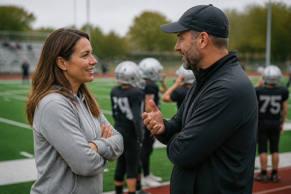 Parent and coach having a respectful conversation on the sideline of a youth sports field, both standing close together, smiling and engaged, with young athletes visible in background
