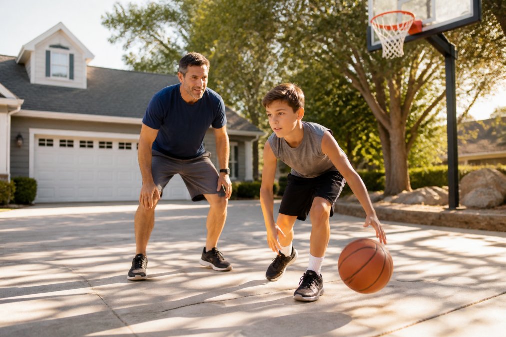 Parent and child practicing basketball drills in a driveway on a sunny afternoon, child focused and determined, dribbling and shooting, with suburban home and trees in background