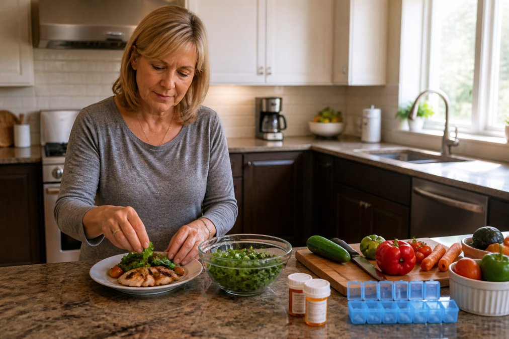 Caregiver preparing a balanced meal in a bright kitchen, with fresh vegetables and a medication organizer visible on the counter