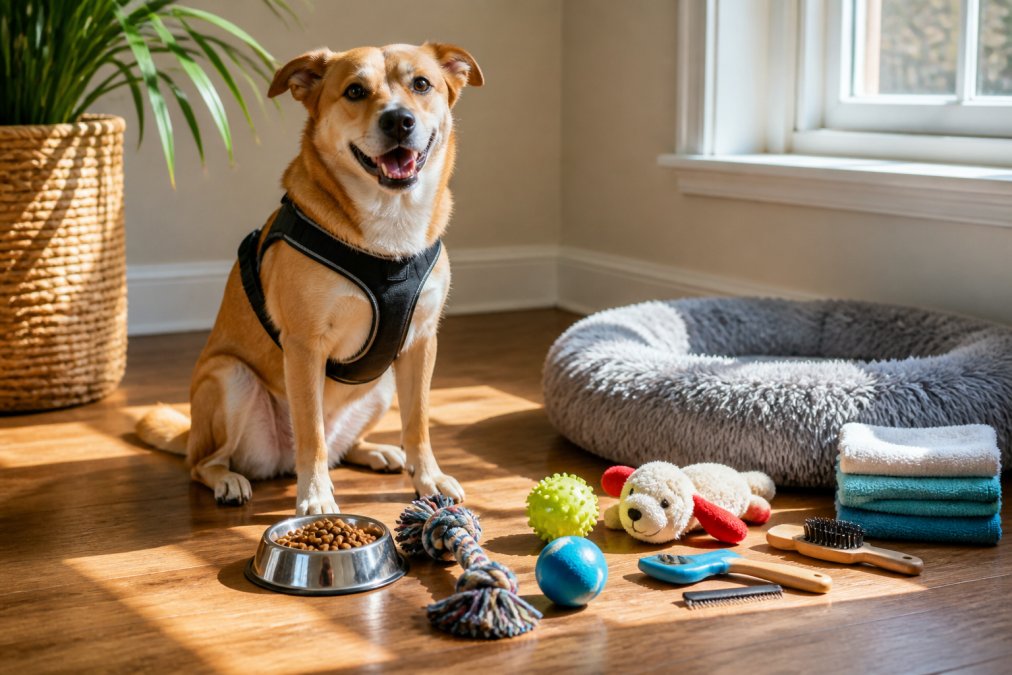 Rescue dog wearing a comfortable harness sitting beside pet supplies including toys, treats, and grooming tools on a wooden floor with natural sunlight streaming through a window