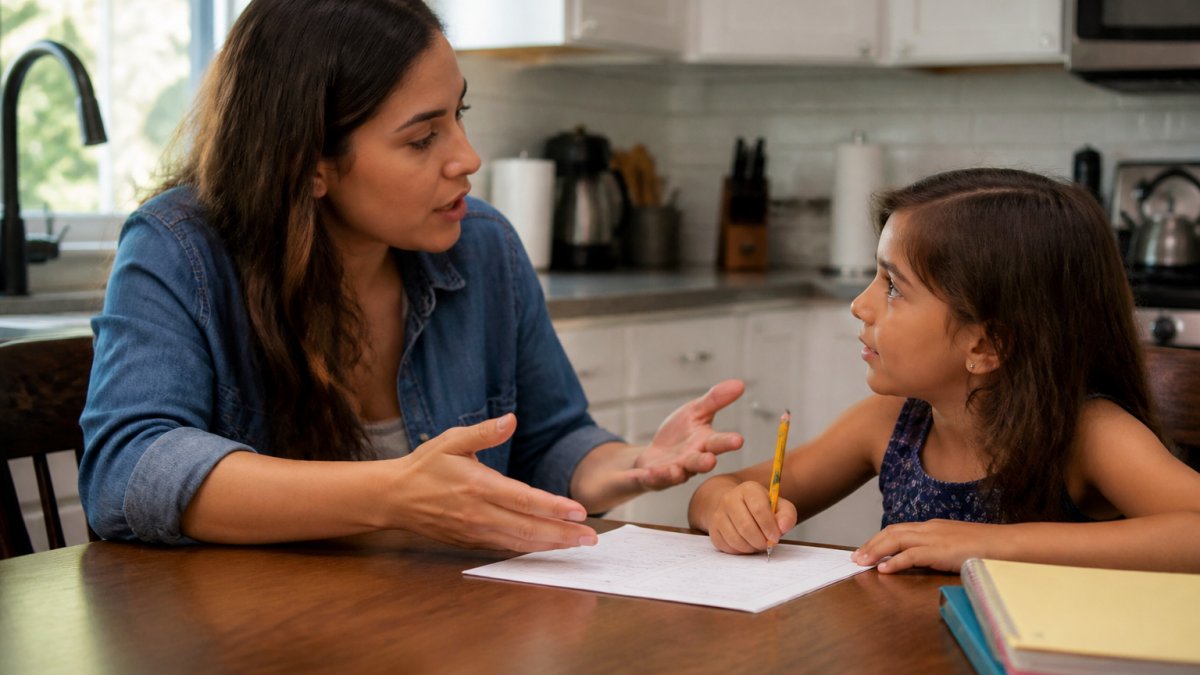 Parent and elementary-aged child sitting at a kitchen table during homework time, parent speaking and gesturing while child listens attentively with assignment visible on the table