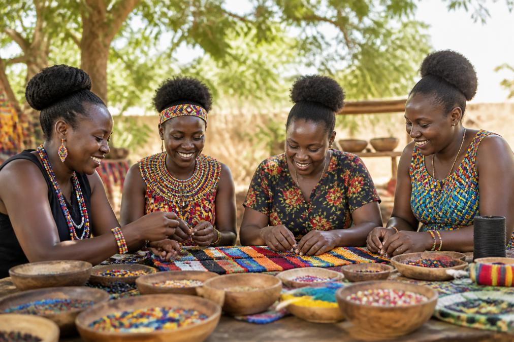 Group of East African women artisans, primarily from Kenya and Uganda, working together in a bright outdoor workshop space with natural sunlight, smiling and collaborating on handcrafted beadwork and woven textiles