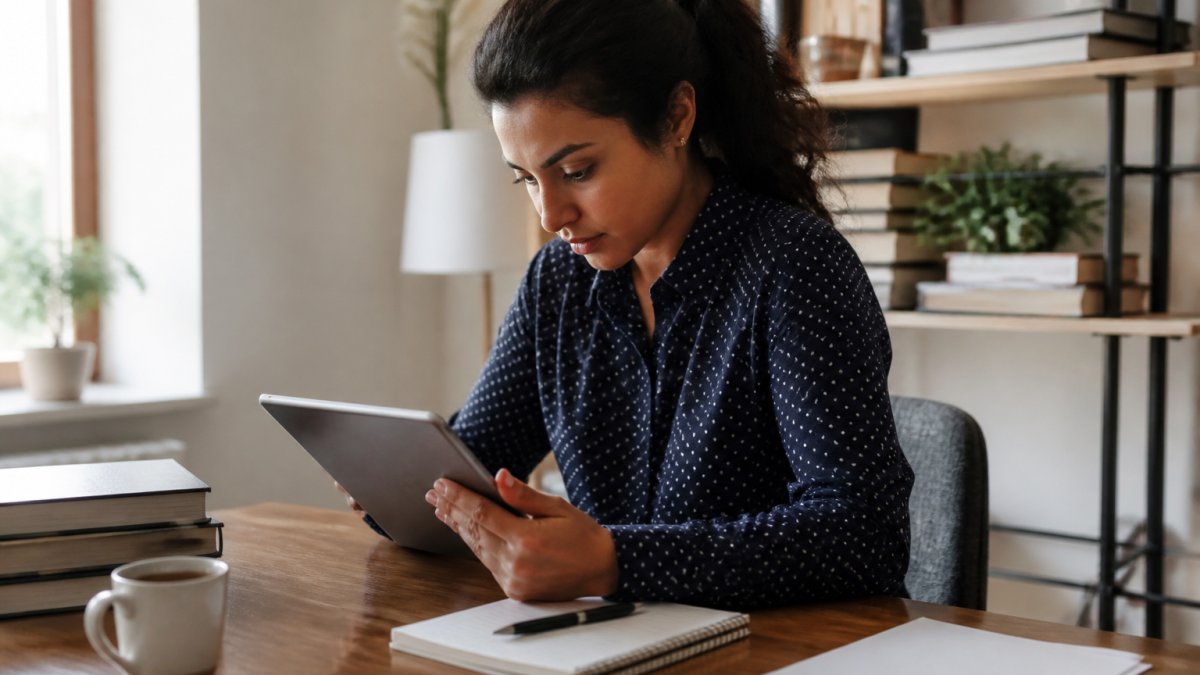 Person reading news on a tablet with a notebook and pen nearby, sitting in a home office with natural light, appearing to evaluate and take notes on content