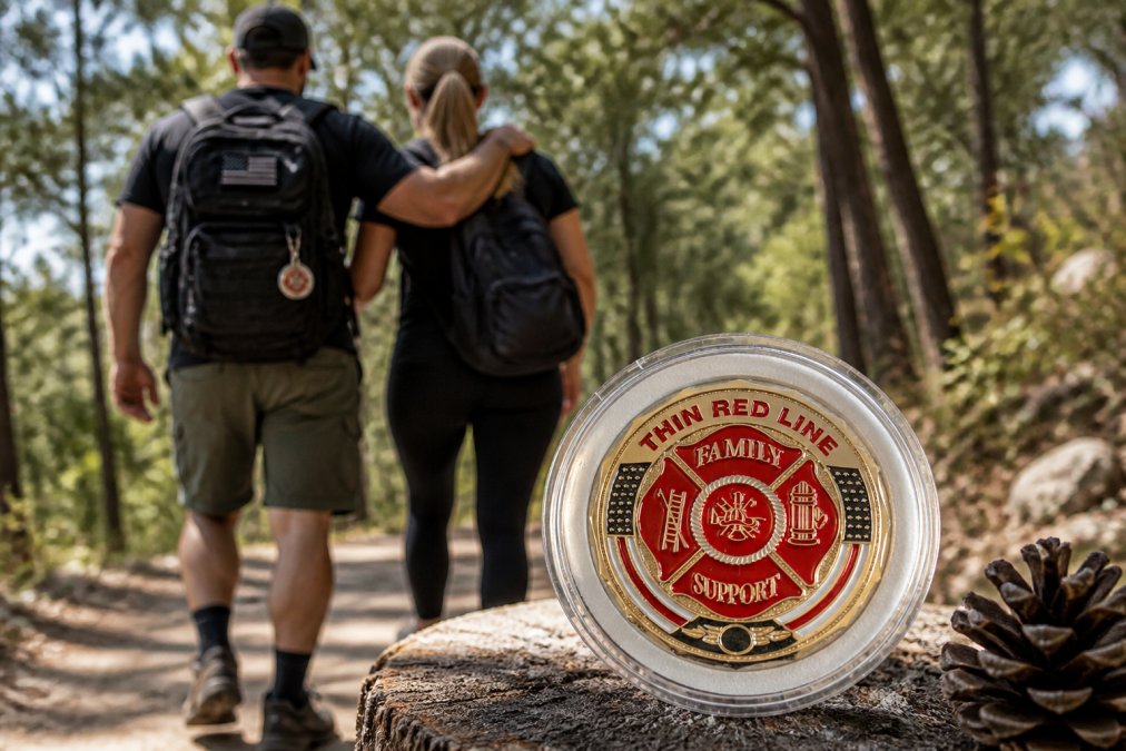 A firefighter and spouse engaged in a wellness activity together outdoors, such as hiking or walking, showing emotional connection and shared coping