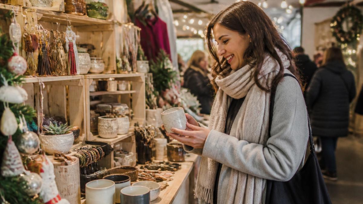 A woman browsing a colorful display of handmade gifts and accessories at a small boutique pop-up, holding a ceramic mug and smiling under warm string lights