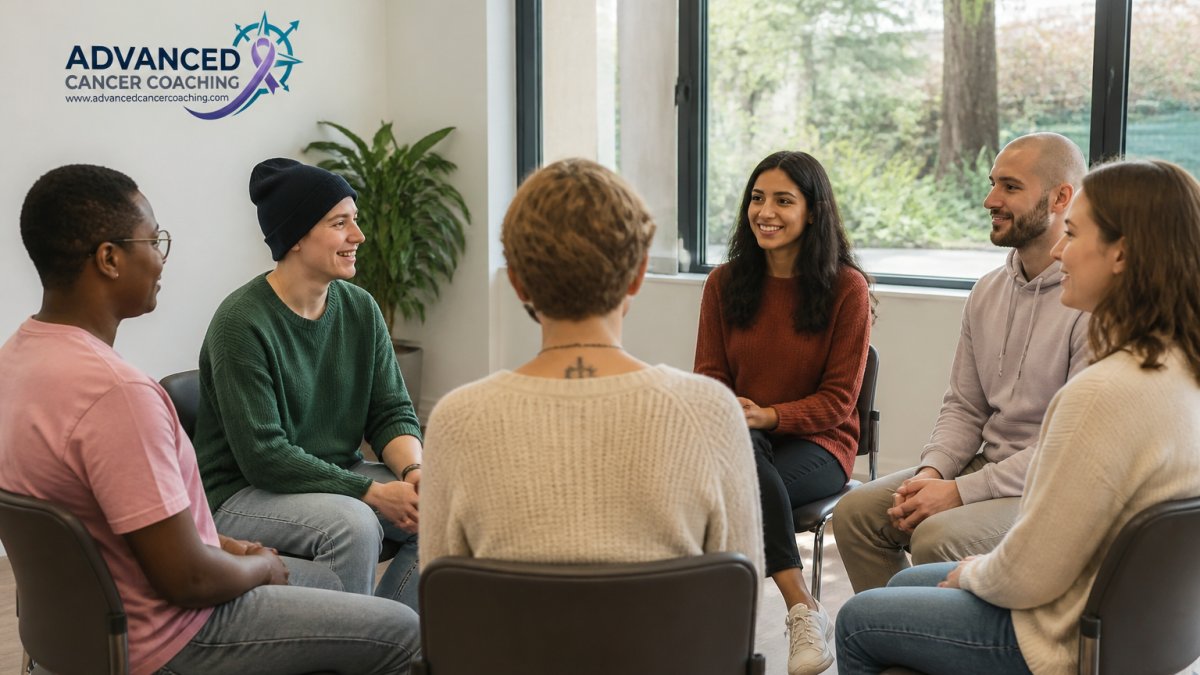 Infographic showing the process of building support for young adult cancer patients through group circles