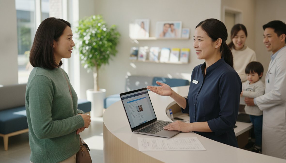 A clinic front desk staff member warmly greeting a new patient while reviewing information on a computer screen in a modern outpatient clinic reception area, bright natural light streaming through large windows