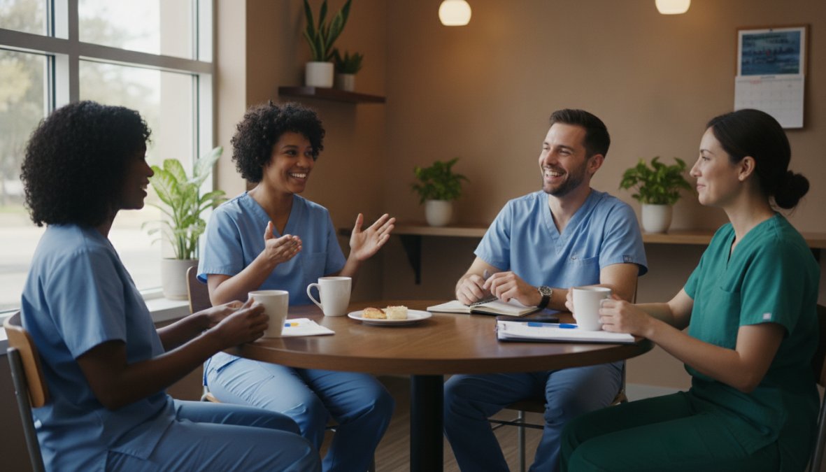 A small group of healthcare professionals in scrubs having a relaxed team debrief meeting in a bright clinic break room, smiling and engaged in conversation, coffee cups on the table, warm natural light from a window