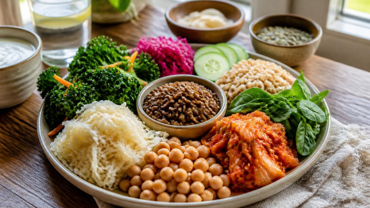 Infographic chart displaying fiber-rich vegetables and fermented foods for digestive wellness