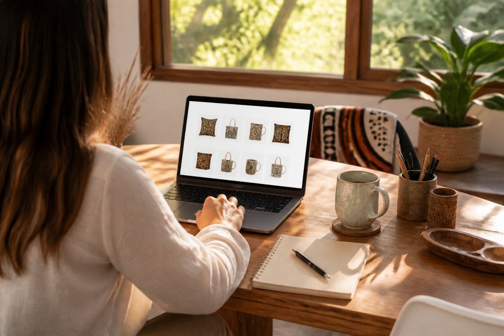 Person browsing Indigenous art products on a laptop screen at home, with a warm cup of tea and notepad on the desk, morning sunlight streaming through window