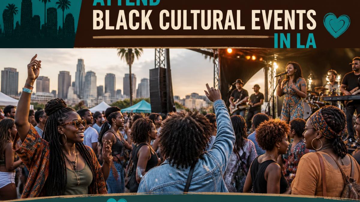 Diverse crowd of people enjoying live music and performance at an outdoor cultural event in Los Angeles, with artists on stage under warm evening lighting and engaged audience members dancing and cheering