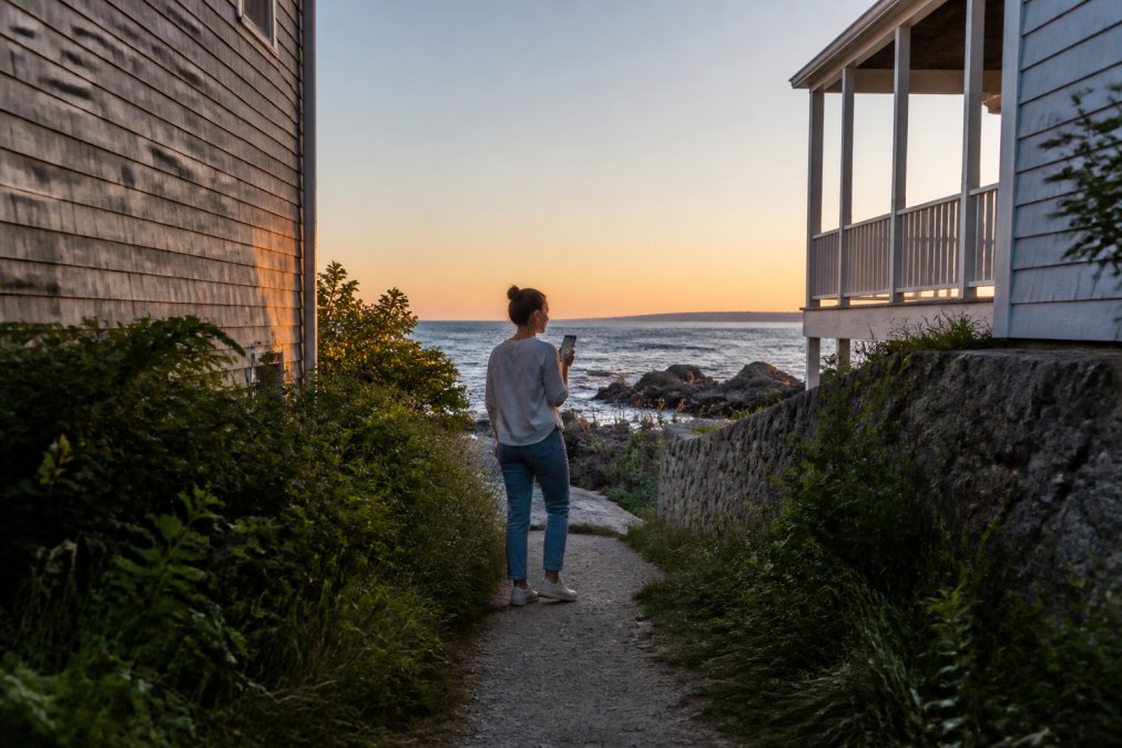 A person standing at a narrow public right-of-way path between two coastal homes, looking out toward the ocean with a phone in hand, golden hour light
