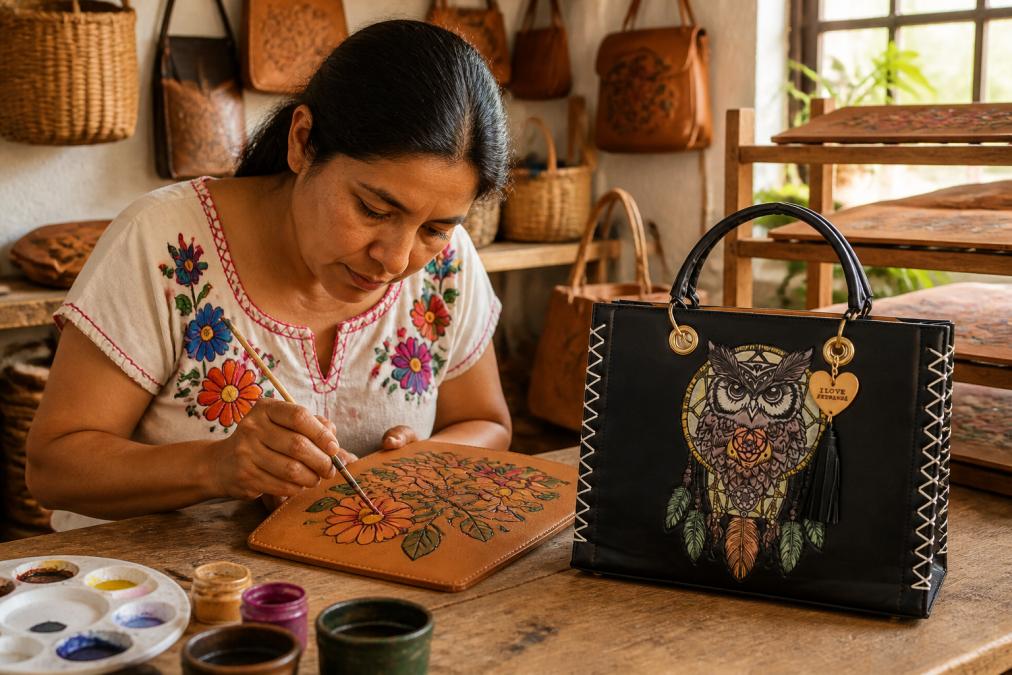 Artisan craftsperson hand-painting intricate floral designs onto tan leather in a bright workshop filled with natural materials, traditional brushes, and finished leather pieces drying on wooden racks