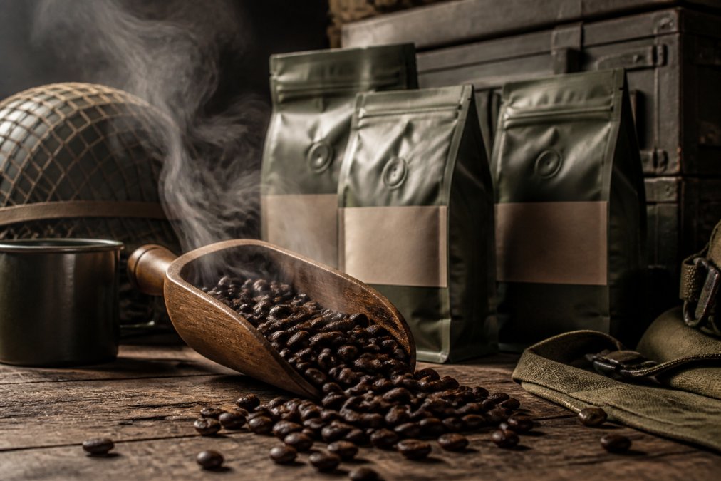 Close-up of freshly roasted coffee beans in a wooden scoop with steam rising, military-themed coffee bags displayed on a wooden table in warm natural light