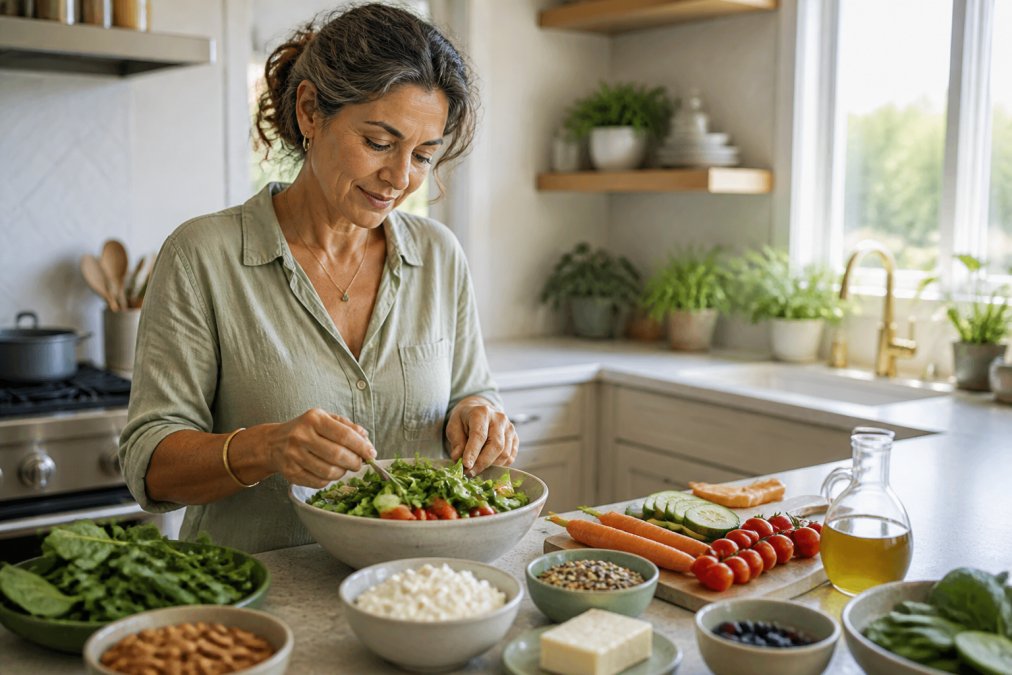 Woman in her 50s preparing a colorful meal with leafy greens, calcium-rich foods, and fresh vegetables on a kitchen counter with natural light