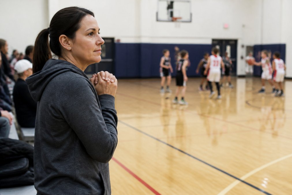 Parent standing at the sideline of an indoor basketball court during a youth tryout game, watching with a calm, encouraging expression, hands clasped together, wearing casual athletic wear