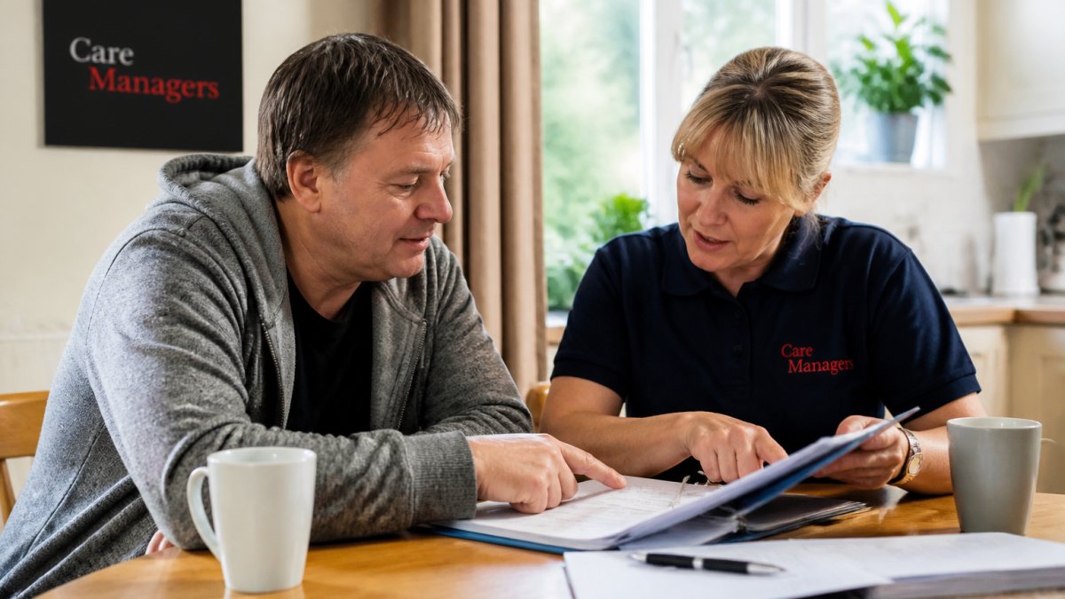 Professional carer and person with brain injury sitting together at a table reviewing personalised care plan documents in a warm, supportive home environment with natural lighting