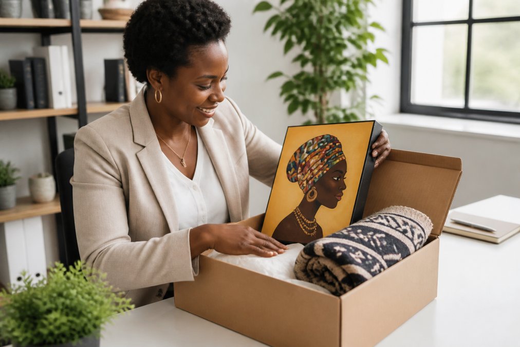 A professional unboxing a curated gift box on a clean desk, revealing a framed canvas art piece and a decorative throw blanket in a bright, modern office setting with natural window lighting
