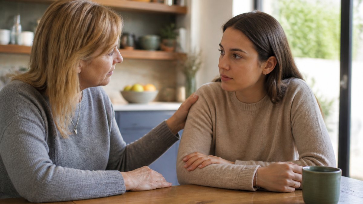 Infographic showing a guide for supporting family members in addiction recovery through calm, empathetic dialogue.
