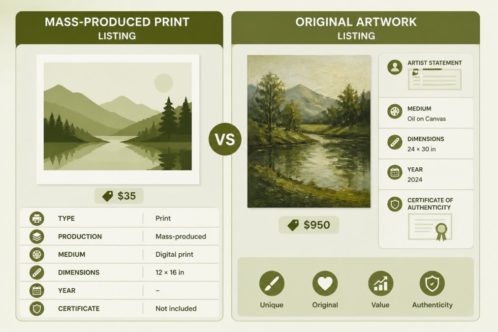 Side-by-side comparison of a mass-produced print listing versus an original artwork listing showing artist statement, medium, dimensions, year, and certificate of authenticity