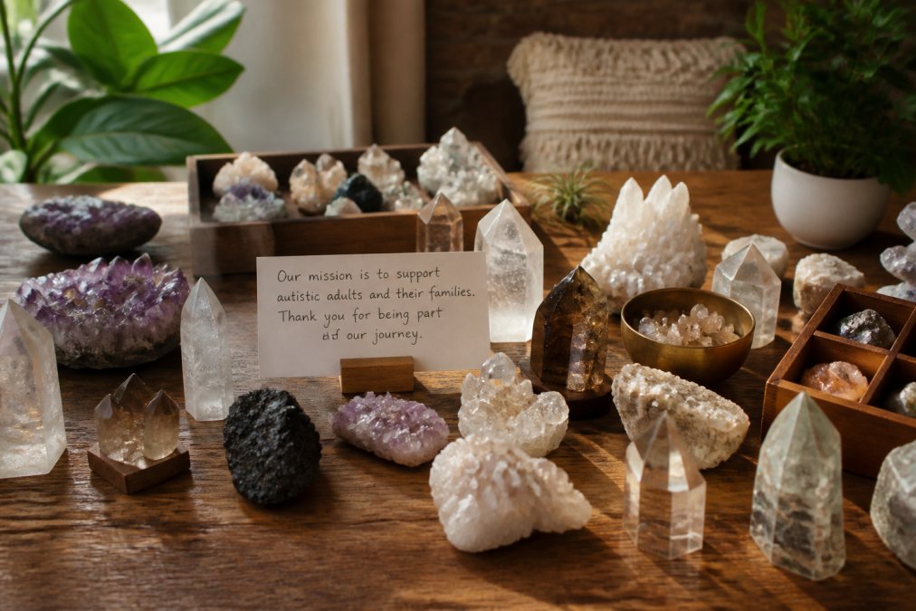 A warm, inviting display of hand-selected crystals arranged on a wooden table, with a small handwritten card explaining the mission to support autistic adults and their families. Soft natural light, cozy home setting.