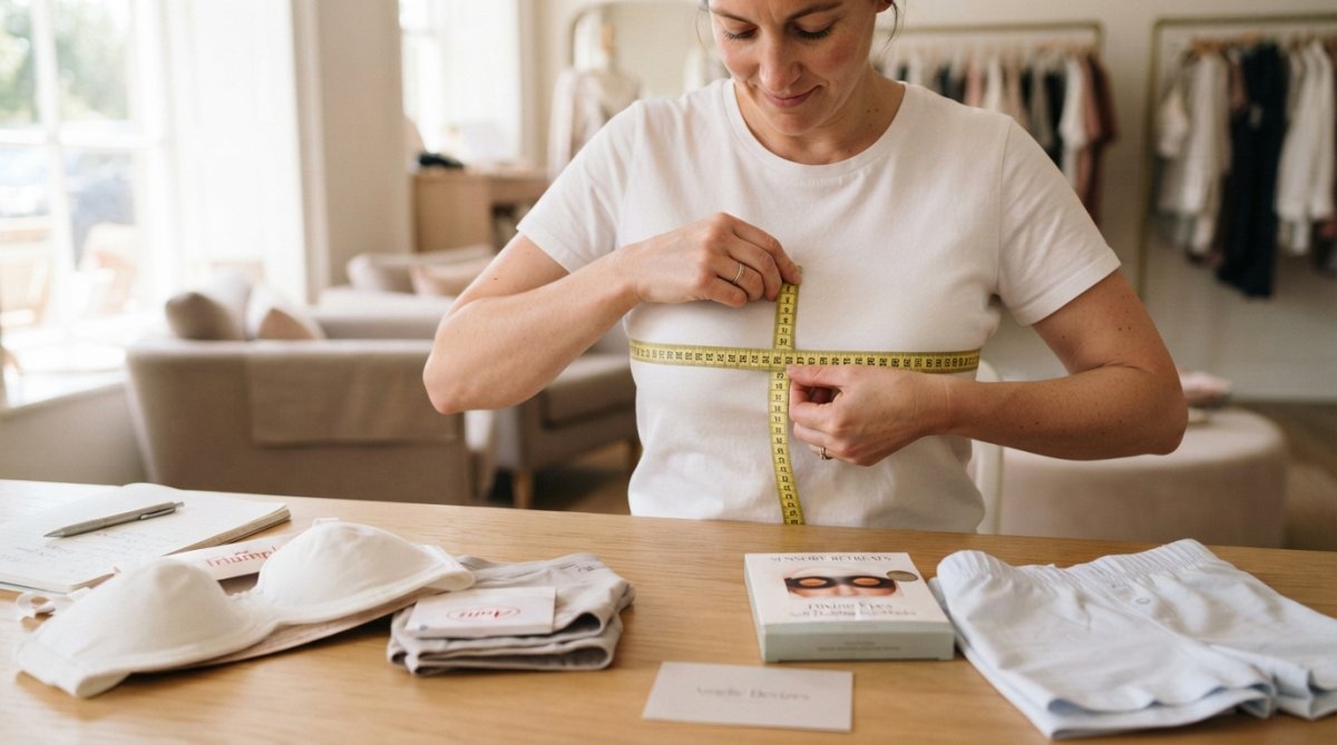 Woman's hands holding a soft measuring tape against her ribcage and bust, demonstrating proper measurement technique in natural lighting