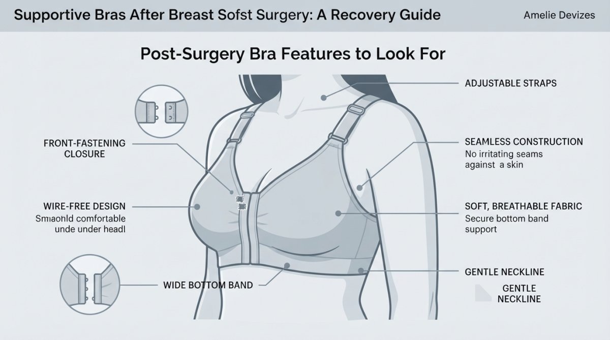 Close-up of a woman wearing a soft, front-fastening wire-free bra, showing the adjustable straps and seamless construction against her skin in natural lighting
