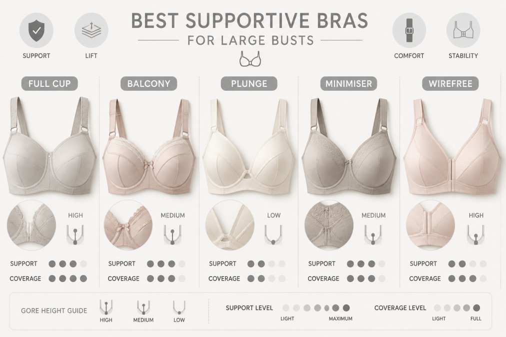 Close-up of several beautifully displayed bras in neutral, blush, and soft ivory tones laid out on a textured linen surface in warm natural light, showing varied seamed cup structures, wide adjustable straps, and different gore heights
