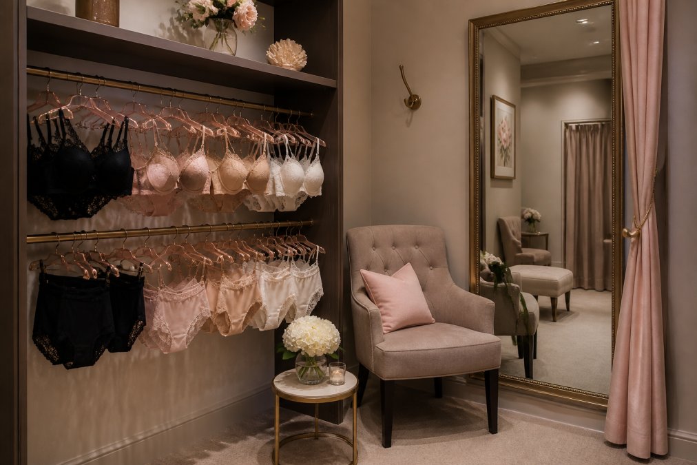 A warm, softly lit boutique fitting room interior with a curated selection of lingerie displayed neatly on satin hangers in blush, ivory, and black, a plush chair in the corner, and a full-length mirror reflecting a welcoming, calm space