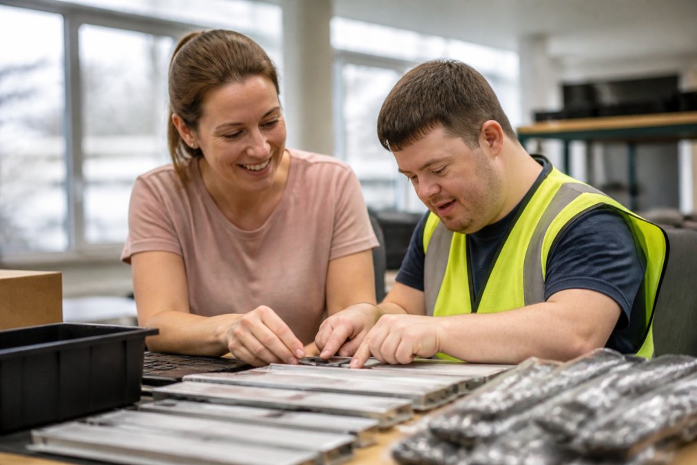 Employment specialist and adult with intellectual disability reviewing job tasks together at a desk in a bright office setting, discussing career goals and work materials in a supportive, encouraging environment