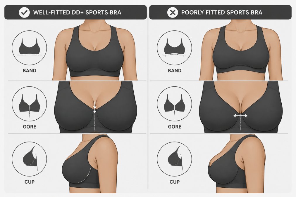 Diagram comparing fit issues in supportive sports bras for large chests, highlighting band, gore, and cup coverage.