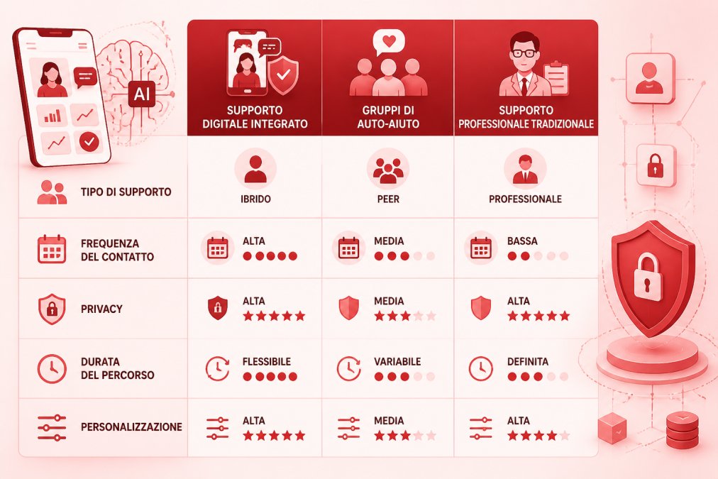 Matrice di confronto dei criteri di scelta per un percorso di recupero domiciliare: righe con tipo di supporto (umano, AI, community), frequenza del contatto, privacy, durata del percorso e personalizzazione; colonne con StandUpWay, gruppi di auto-aiuto e supporto professionale tradizionale