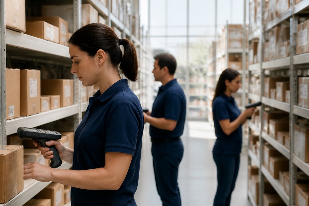Operatori professionali in un magazzino retail moderno che utilizzano scanner portatili per il conteggio delle giacenze, con scaffalature ordinate illuminate da luce naturale