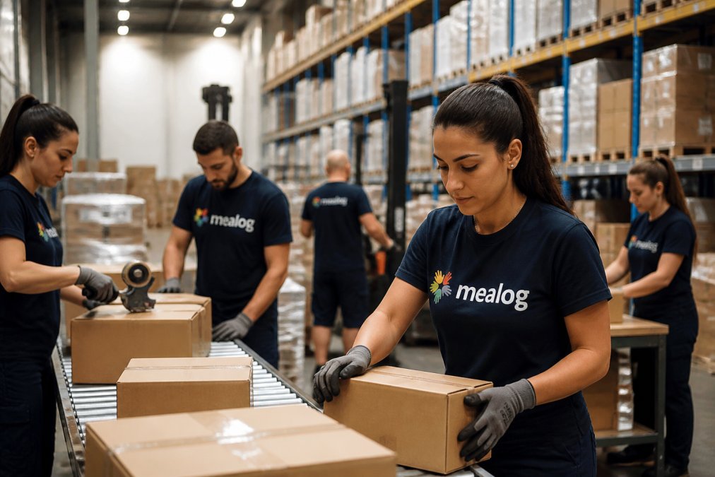 Operai in magazzino durante un'intensa attività di movimentazione, con personale che collabora su attività di cernita e imballaggio in un ambiente produttivo ben illuminato