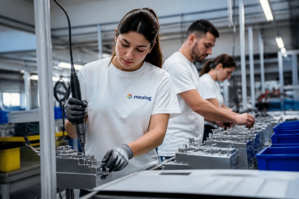 Team di operai in linea di assemblaggio e controllo qualità, con personale qualificato che svolge compiti tecnici in un ambiente manifatturiero moderno e ben organizzato
