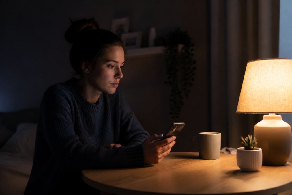 Una persona seduta da sola di notte, con una luce soffusa di una lampada sul tavolo, che tiene in mano uno smartphone con espressione calma e concentrata, in procinto di chiedere aiuto