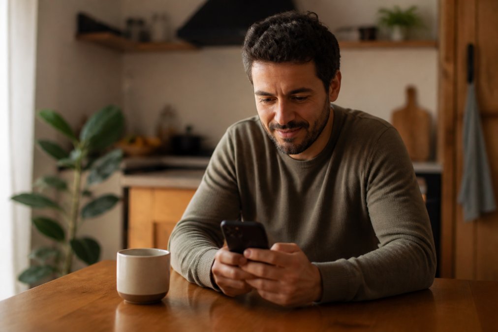 Una persona seduta al tavolo della cucina che usa uno smartphone con un'app di supporto, con una tazza di caffè accanto, in un ambiente domestico caldo e luminoso, con un'espressione coinvolta e speranzosa