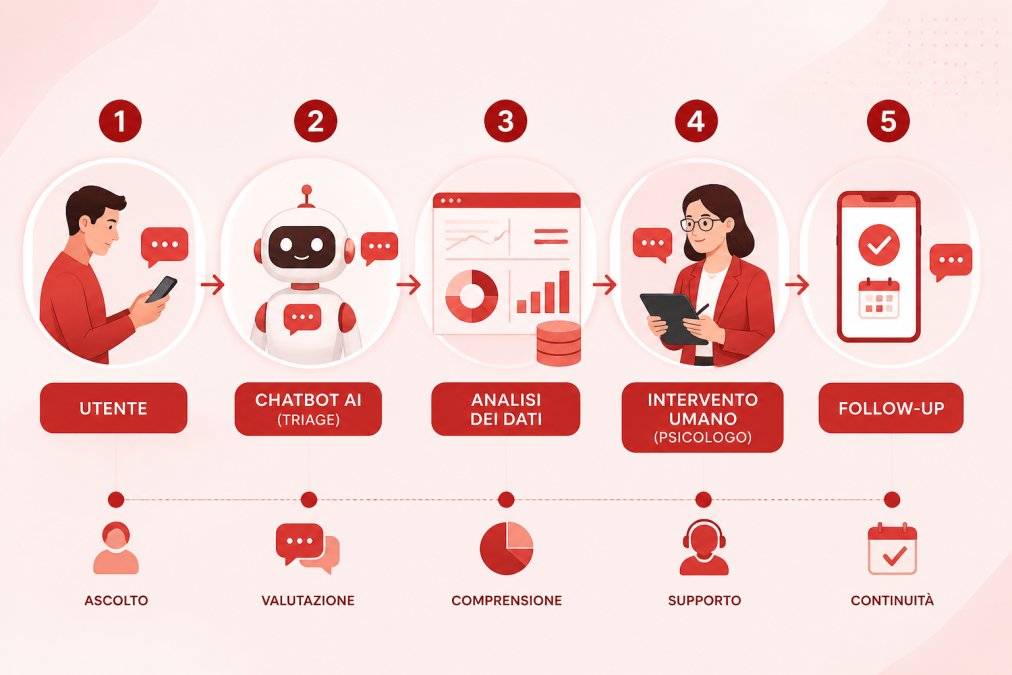 Diagramma di flusso: utente -> chatbot AI (triage e ascolto) -> analisi dati e segnali di rischio -> intervento umano (psicologo e case manager) -> follow-up e monitoraggio continuo