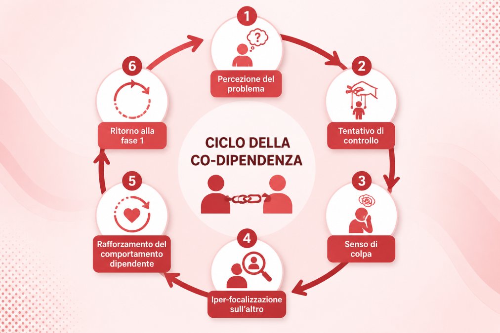 Diagramma circolare del ciclo della co-dipendenza in 6 fasi: 1. Percezione del problema, 2. Tentativo di controllo, 3. Senso di colpa, 4. Iper-focalizzazione sull'altro, 5. Rafforzamento del comportamento dipendente, 6. Ritorno alla fase 1