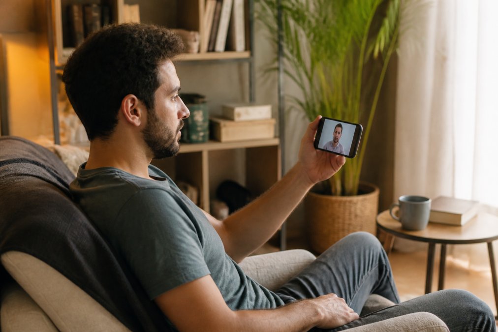 Persona che segue una videochiamata di terapia su uno smartphone in un ambiente domestico confortevole e privato, con espressione calma e concentrata